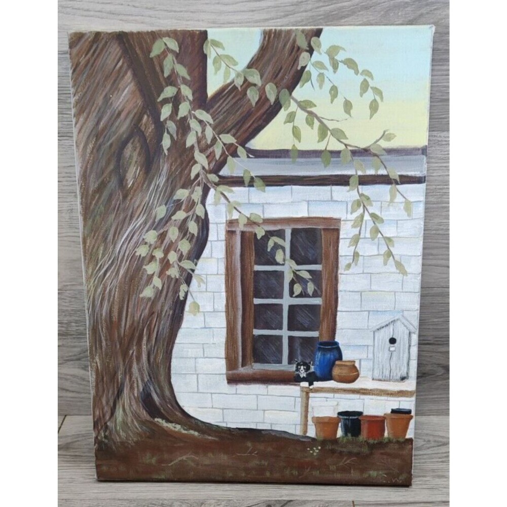 12x16 Painting On Canvas "Window, Tree and Cat" Americana-Unknown Artist